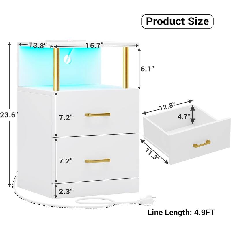 Nightstand with Open Storage 2 USB Ports Outlets 2 Drawers LED Light