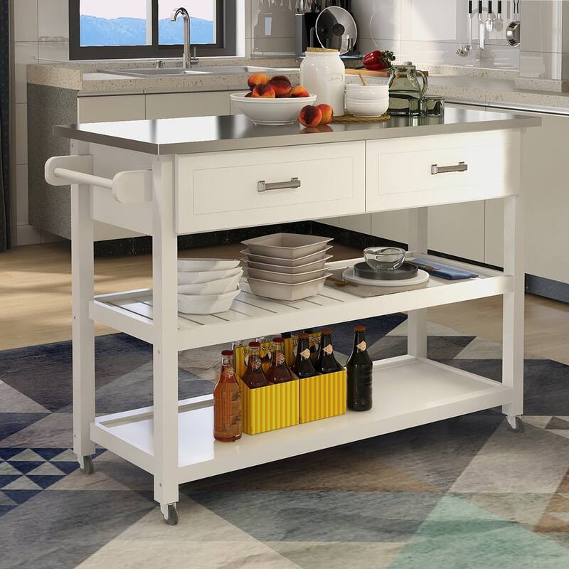 MDF Kitchen Cart with Cabinet, 1 Open Shelves, 2 Drawers and Towel Rack