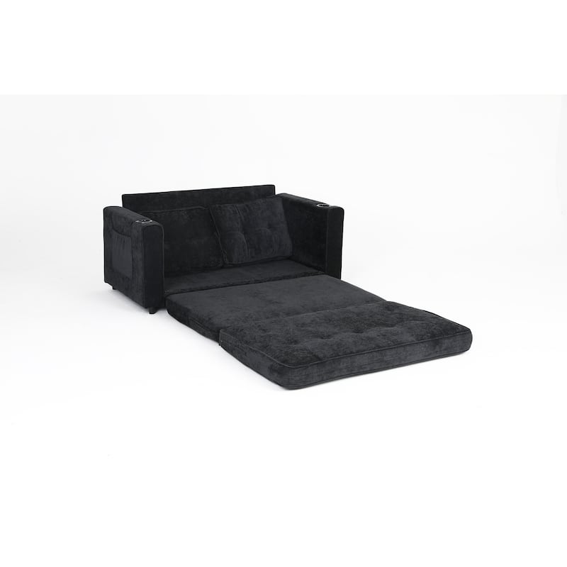 Sofa Bed with Pull-Out Straps, Velvet Sleeper Sofa with Side Storage Bags, Convertible Lounge Chaise Loveseat Daybed