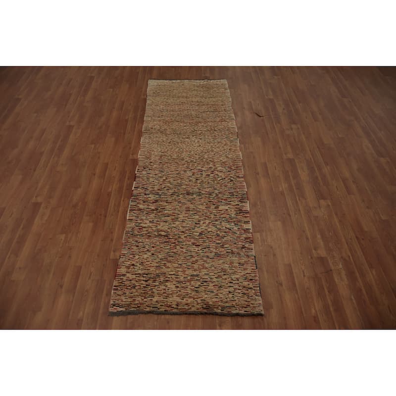 Hand Knotted Oriental 100% Wool Carpet Modern Contemporary Beige & Ivories Gabbeh Runner Rug - 9' 0'' X 2' 11''