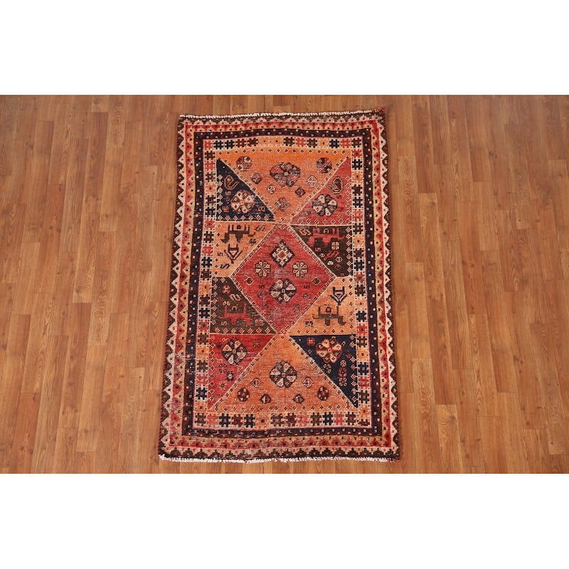 Vegetable Dye Animals Tribal Qashqai Persian Antique Rug - 3'3"x 5'6"