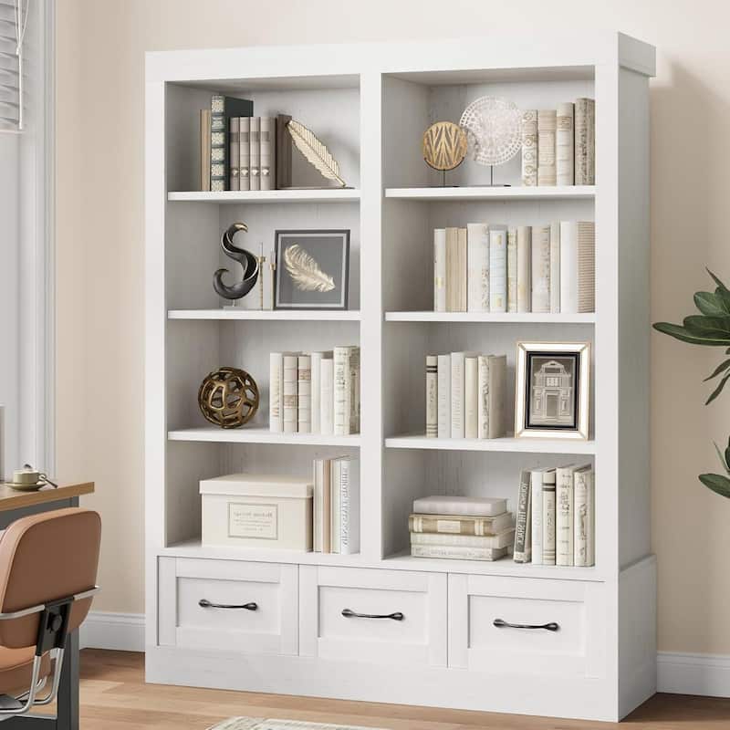 70.7" Tall 5-Tier Double Wide Bookshelf with Storage Drawer for Living Room - White
