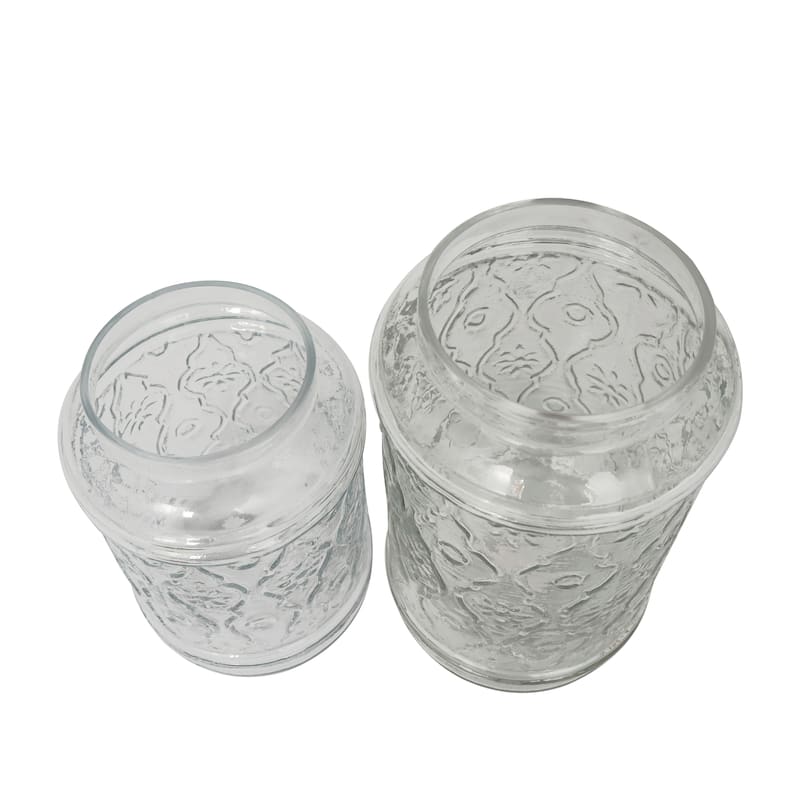 Clear Glass Floral Living Room Decorative Jars with Brown Wooden Lids and Antique Style Knobs (Set of 2)