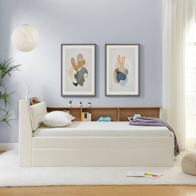 Twin Size Velvet Daybed with LED Light and Lift Up Trundle, Button Tufted Headboard with Wireless Charging and Storage