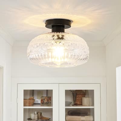 1-Light 11" W Mid-century Modern Black/Gold Metal Semi-Flush Mount Ceiling Light with Textured Glass Shade for Hallway,Kitchen