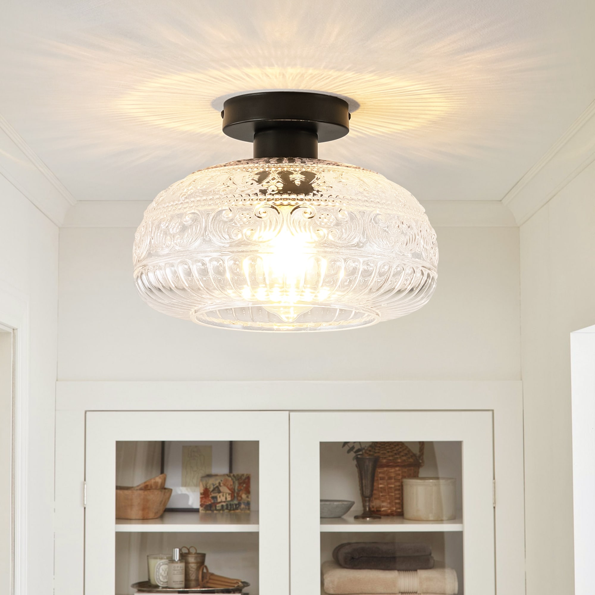 11.02" W Mid-Century Modern Black/Gold Semi-Flush Mount Ceiling Light with Textured Pattern Glass Shade for Hallway, Kitchen