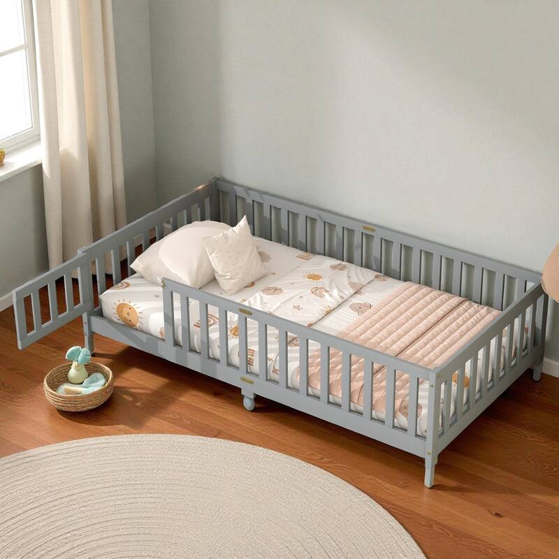 Twin Size Rubber Wood Floor Bed with Fence and Door, Montessori Platform Bed with Safety Guardrails for Kids