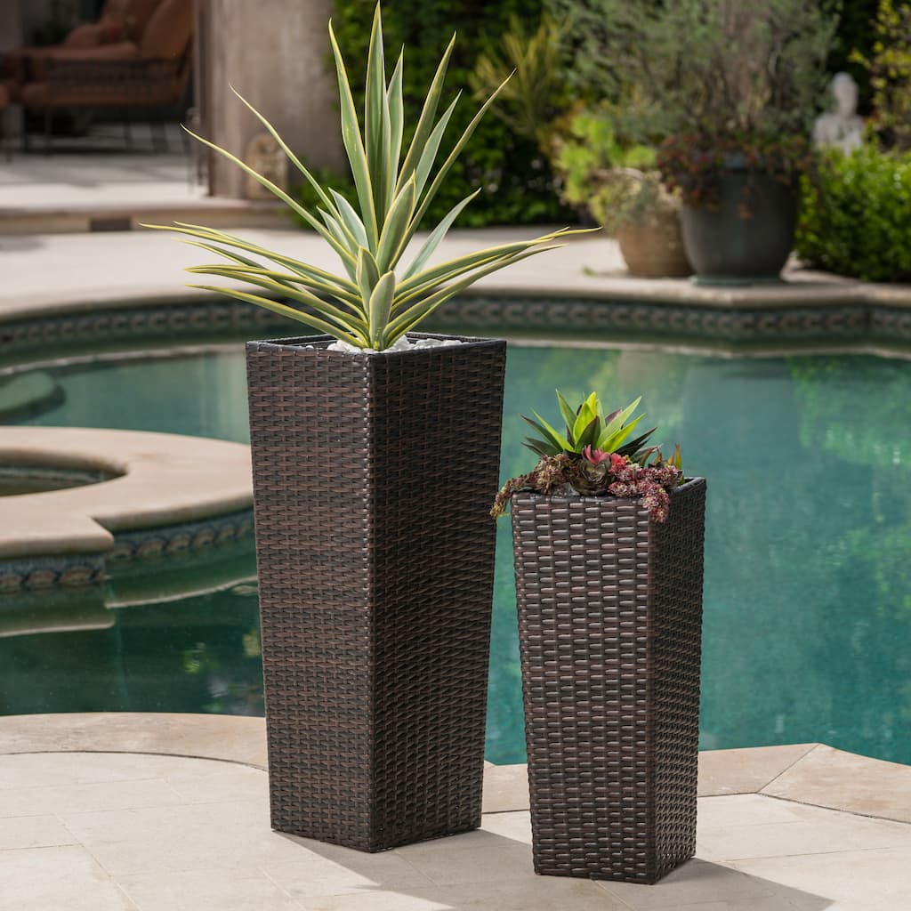 Outdoor Wicker Flower Pots 2-Pcs Set, Square Planter Box