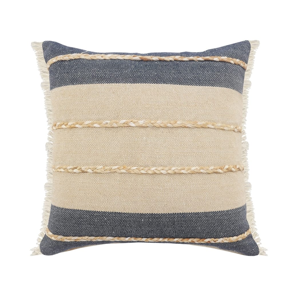 Sevita Atlantis Denim Blue and Taupe Throw Pillow with Jute Braiding and Fringe