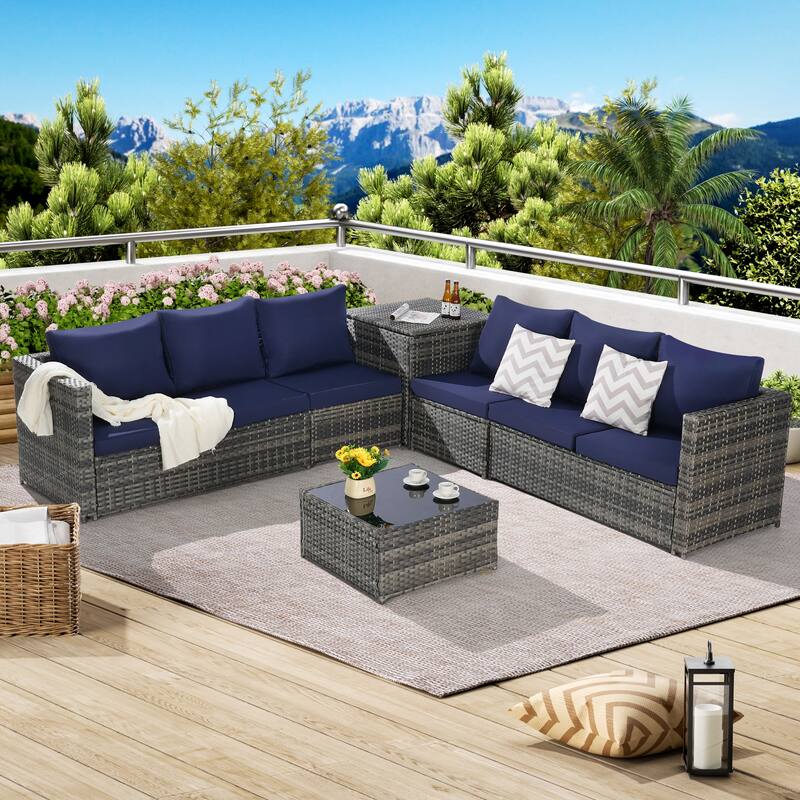 Large Furniture Set Woven Sectional Couches L- Shape Sectional Recliner Wicker Conversation Set wCorner Table, Glass Top Table - Dark Blue
