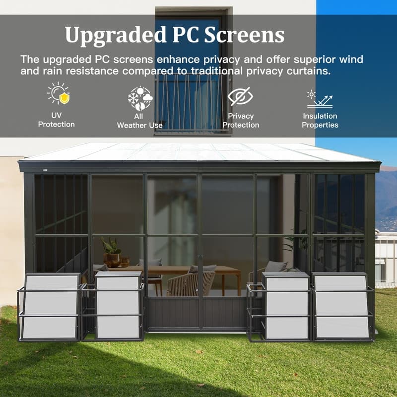 Domi Wall-Mounted Sunroom with Sloped PC Roof and Lockable Sliding Doors