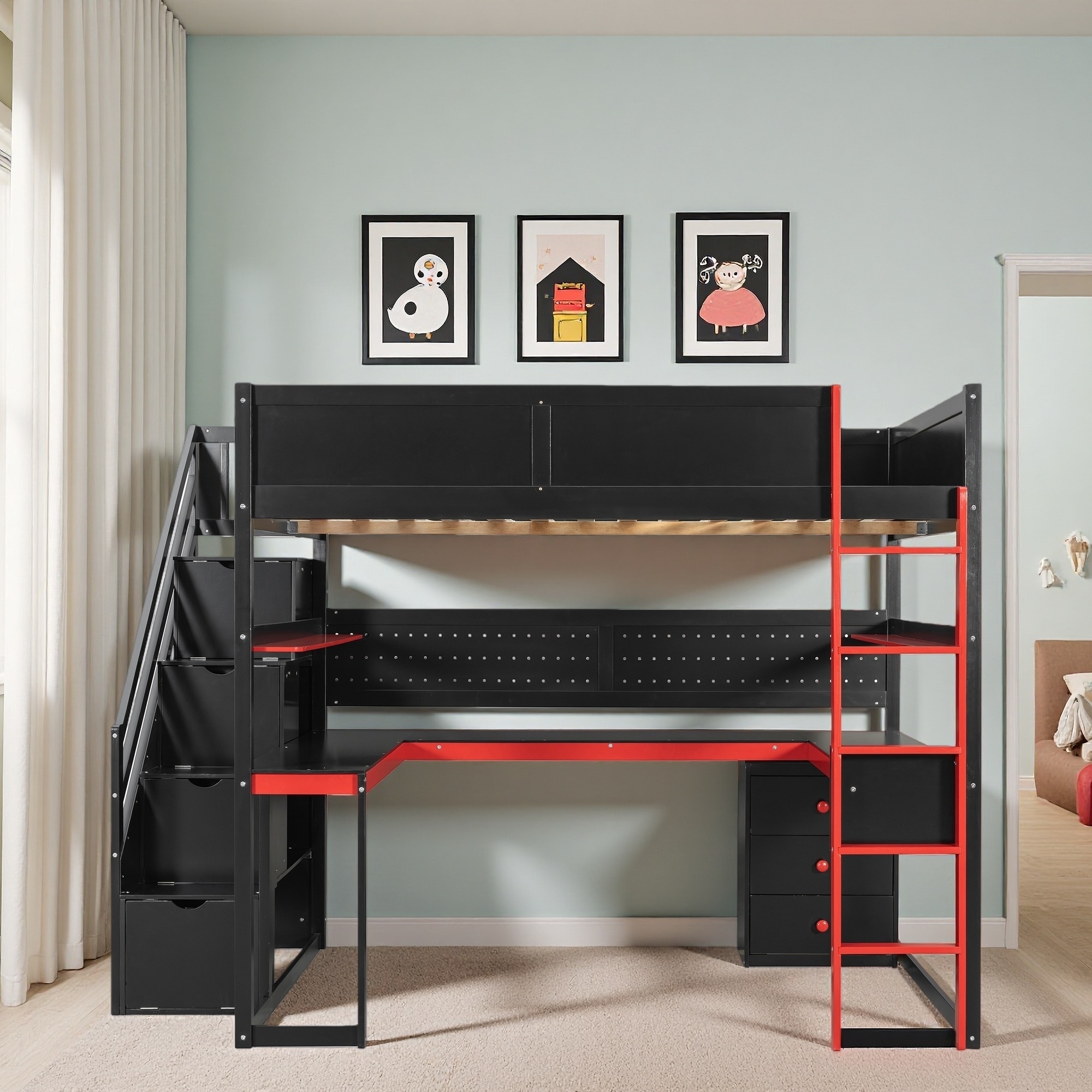 Full Size Wooden Gaming Loft Bed with Storage Stairs, Desk, Shelves & Pegboard