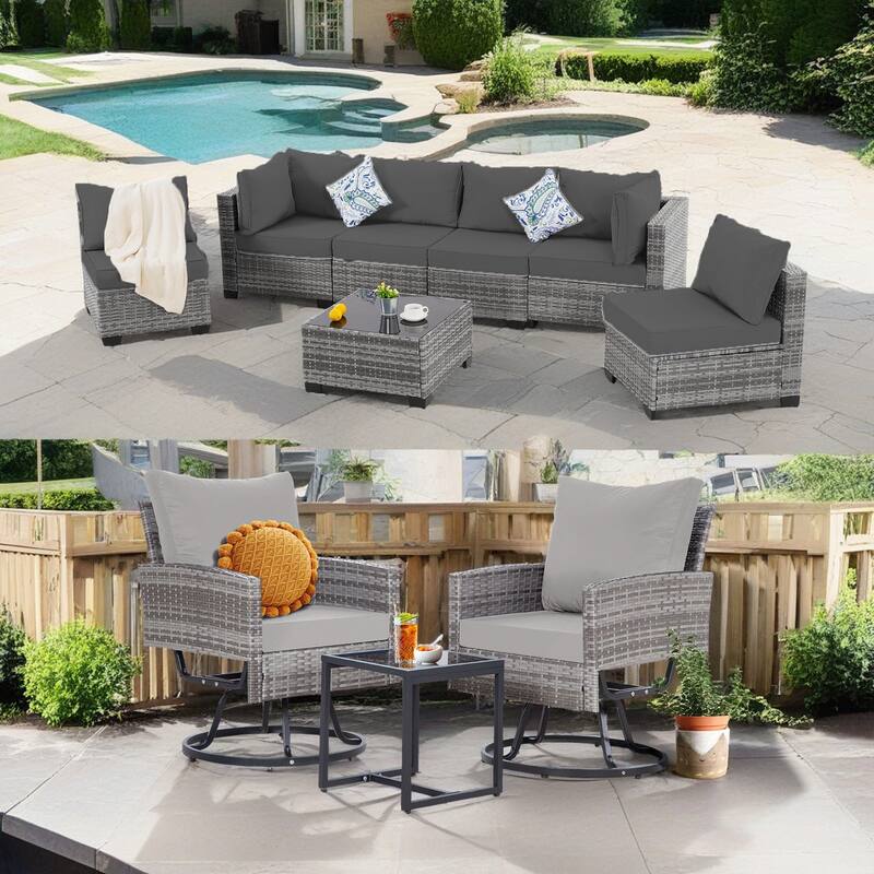 10-Piece Gray Wicker Patio Conversation Set,6 Sofas, 2 Swivel Chairs,2 Table