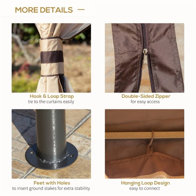 Beige-Black-Dark Coffee Steel Polyester Outdoor Gazebo with Netting and Hook - 12' L x 9.8' W x 9.8' H