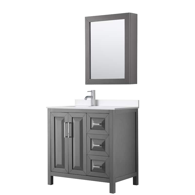 Daria 36-inch Single Vanity, Single Hole Quartz Top, Med Cabinet - Dark Gray, Chrome Trim, White Quartz Top