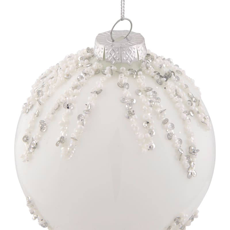 Sequin Beaded Christmas Glass Ball Ornament - 4" - White