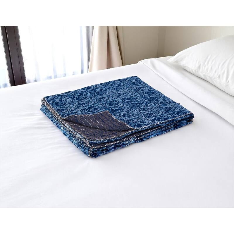 HomeRoots 50" X 70" Blue Paisley Cotton Quilted Kantha Throw Blanket with Embroidery - Throw - Blue