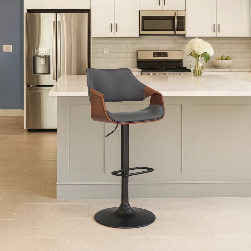 Adjustable Barstool with Faux Leather and Wooden Support, Black and Gray