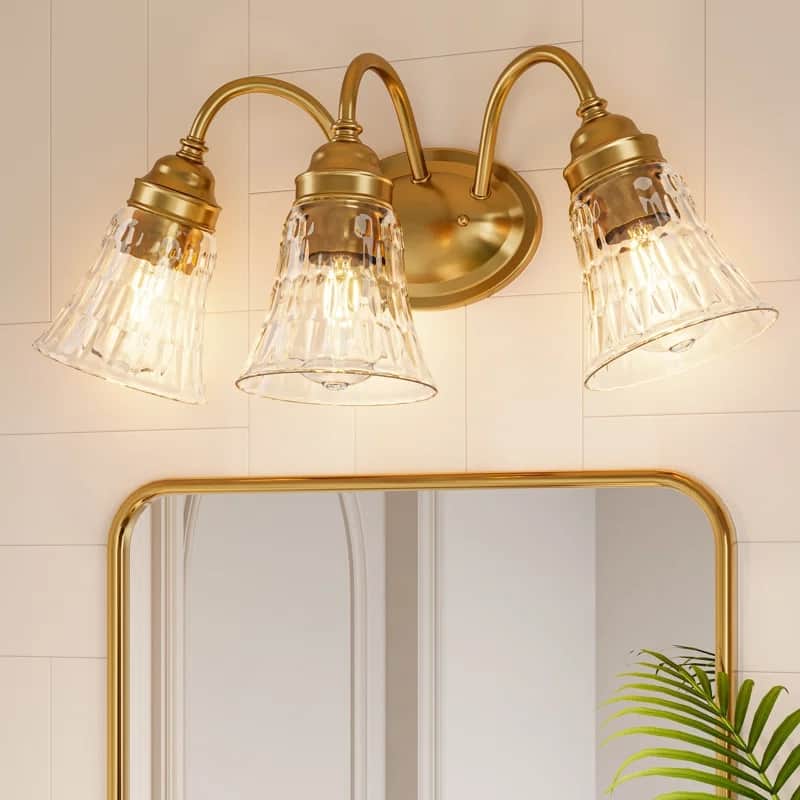 Brushed Nickel 3-Light Bathroom Vanity Light with Clear Glass Shades - Gold