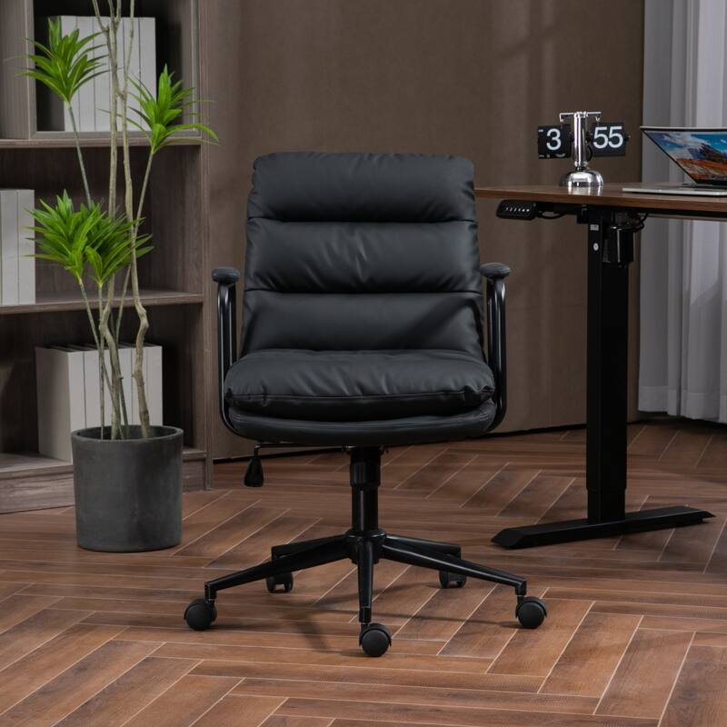 Mid-back Home Office Chair PU Leather Computer Chair with Padded Armrests Tilted and Wheels, for Office