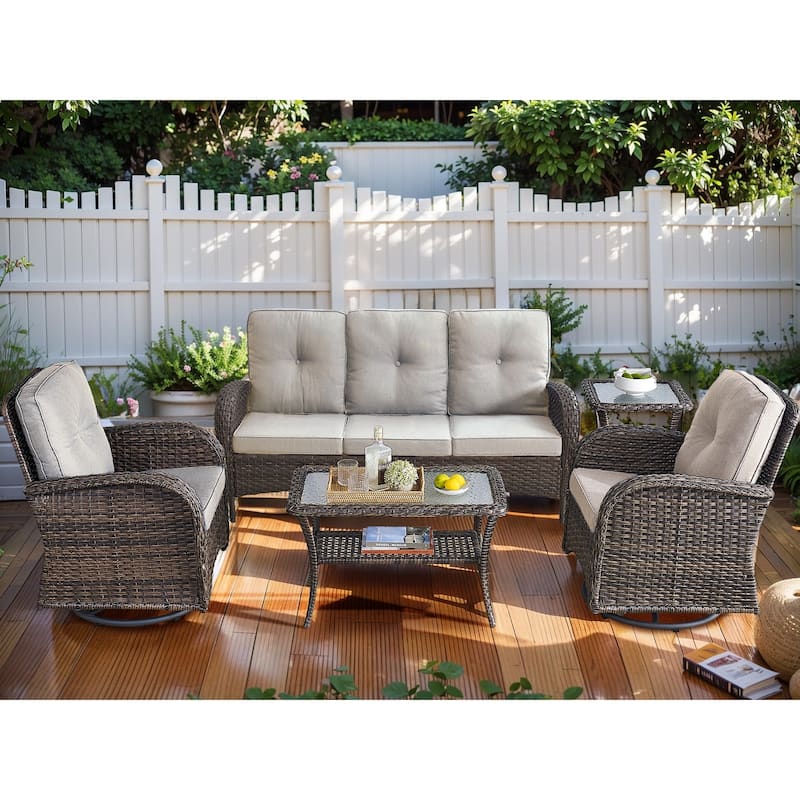 Patio Sofa with 2 Swivel Chair Coffee Table - Brown - Beige - Brown