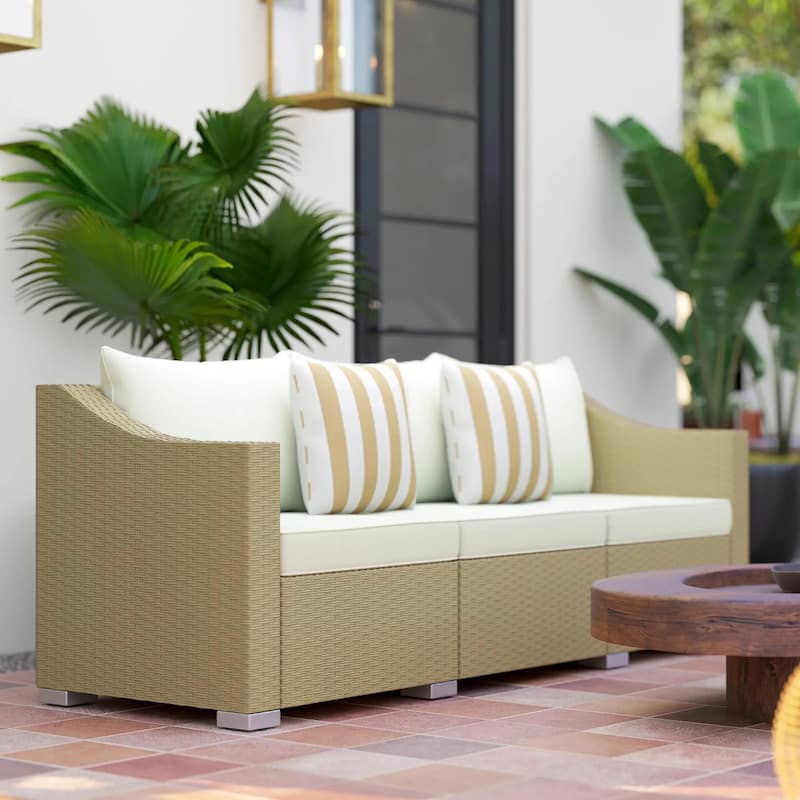 3 Seater Patio PE Rattan Couch with Cushions, 2 Throw Pillows