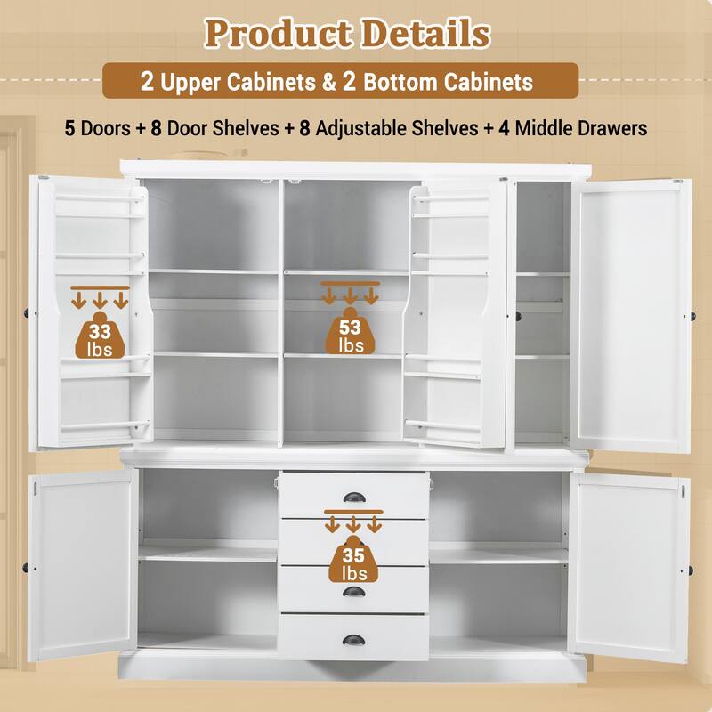 Roomfitters Kitchen Pantry Organizers and Storage Kitchen Cabinet, Hutch with Microwave Stand, 4 Drawers, Spice Racks