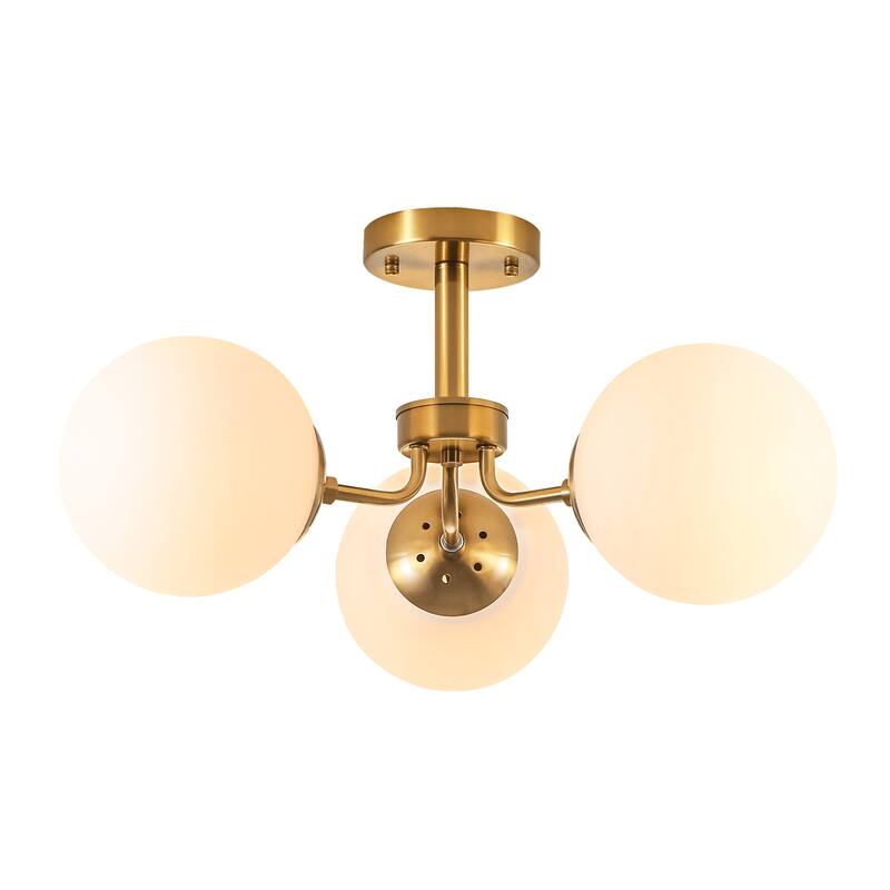 23.2" W 3-Light Bohemian Farmhouse Gold/White Sputnik Frosted Opal Bubble Glass Semi-Flush Mount Ceiling Light