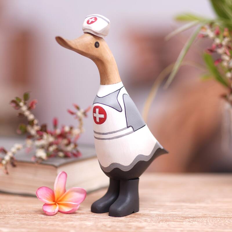 Novica Handmade Nurse Duckling In White Bamboo Root And Teak Wood Figurine