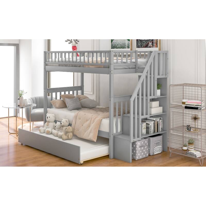 Twin Over Twin Bunk Bed with Trundle and Storage, Gray