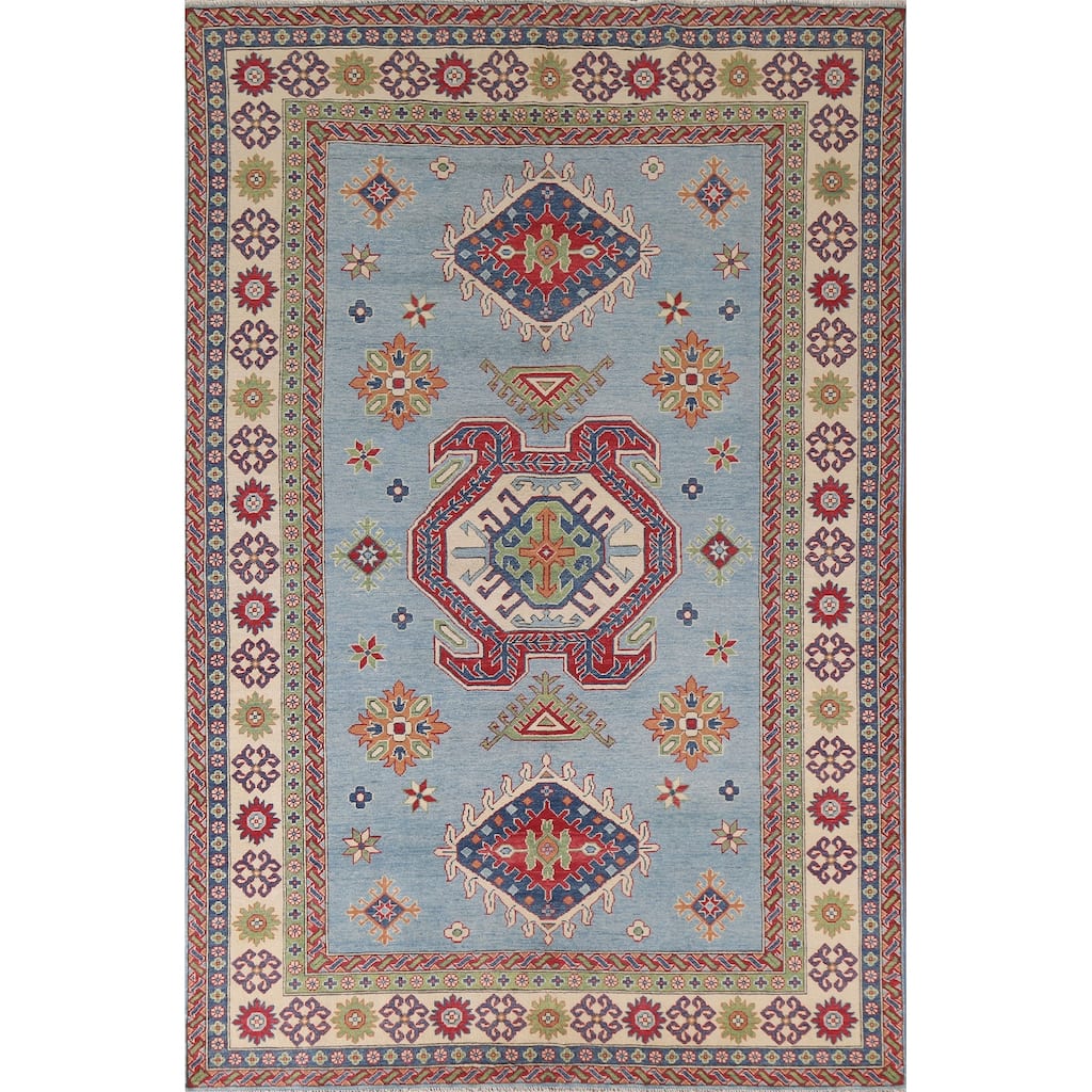 Hand Knotted Oriental 100% Wool Carpet Traditional Geometric Navy Blue & Blues Kazak Area Rug - 9' 8'' X 6' 6''