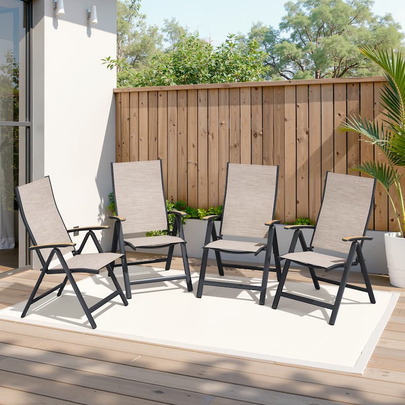 Outdoor Patio Aluminum Folding Chairs Set with Adjustable Backrest, Solid Wood Armrest