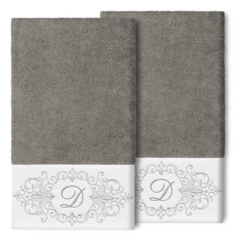 Authentic Hotel and Spa 100% Turkish Cotton Monica 2PC Embellished Bath Towel Set - D - Dark Gray