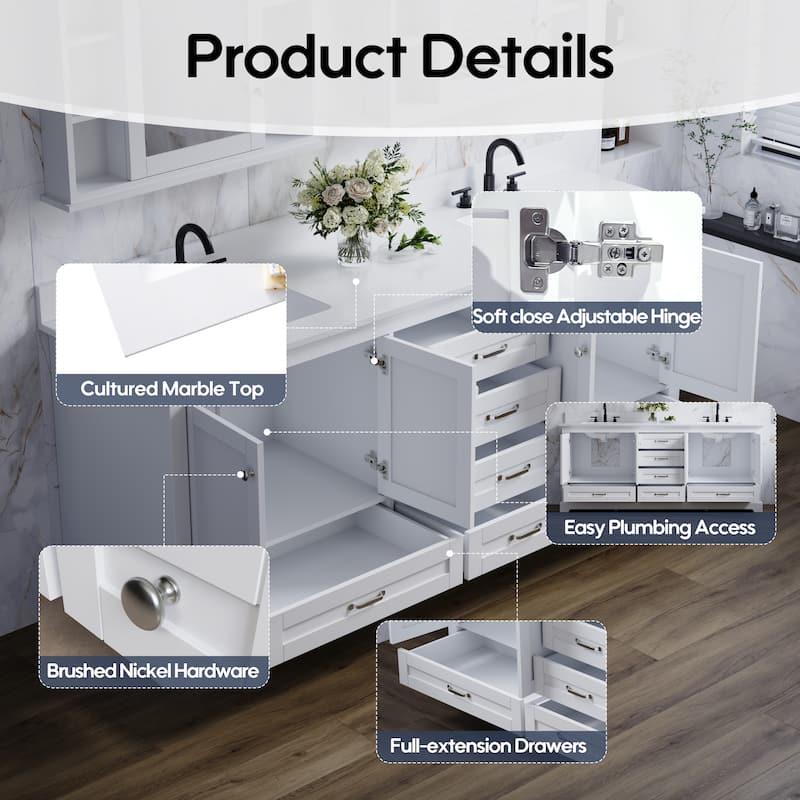80''W Solid Wood Frame Bathroom Vanity With Pure White Culutered Marble Countertop And Double Sink