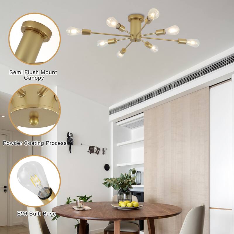 8-Light Modern Semi Flush Mount Sputnik Ceiling Light for Kitchen Bedroom Dining Room
