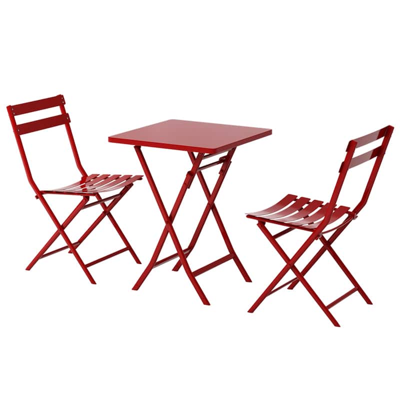 3 Piece Outdoor Patio Bistro Set of Foldable Square Table and Chairs, Red