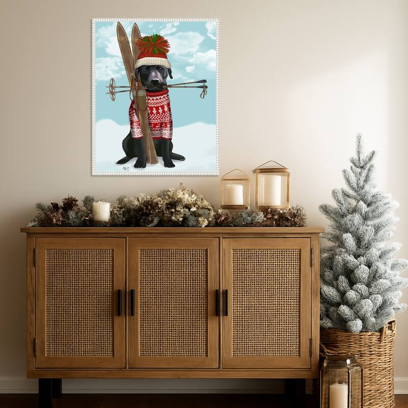 Black Labrador Skiing by Fab Funky (23 x 28 in.), Framed Canvas Wall Art Print - Sylvie Beaded White