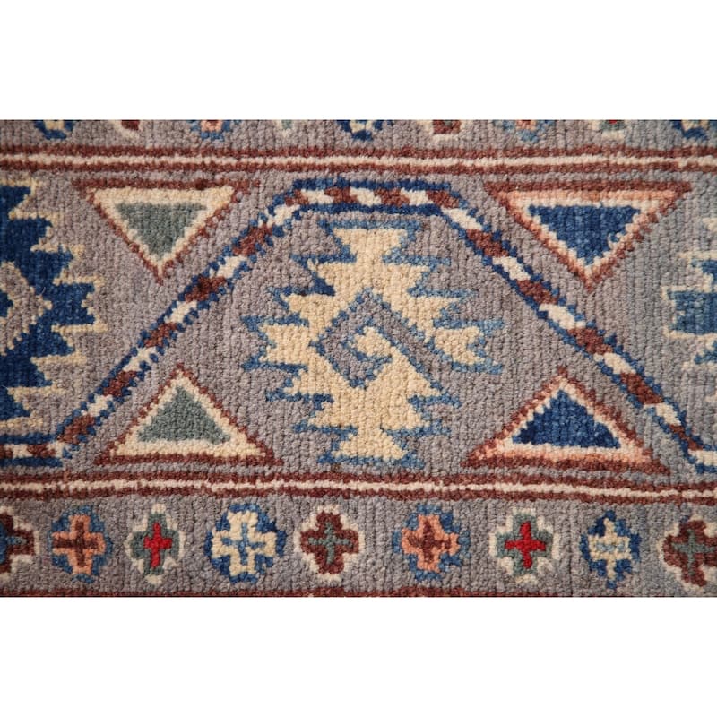 Geometric Kazak Oriental Accent Rug Hand-Knotted Grey Wool Carpet - 2'7"x 4'1"