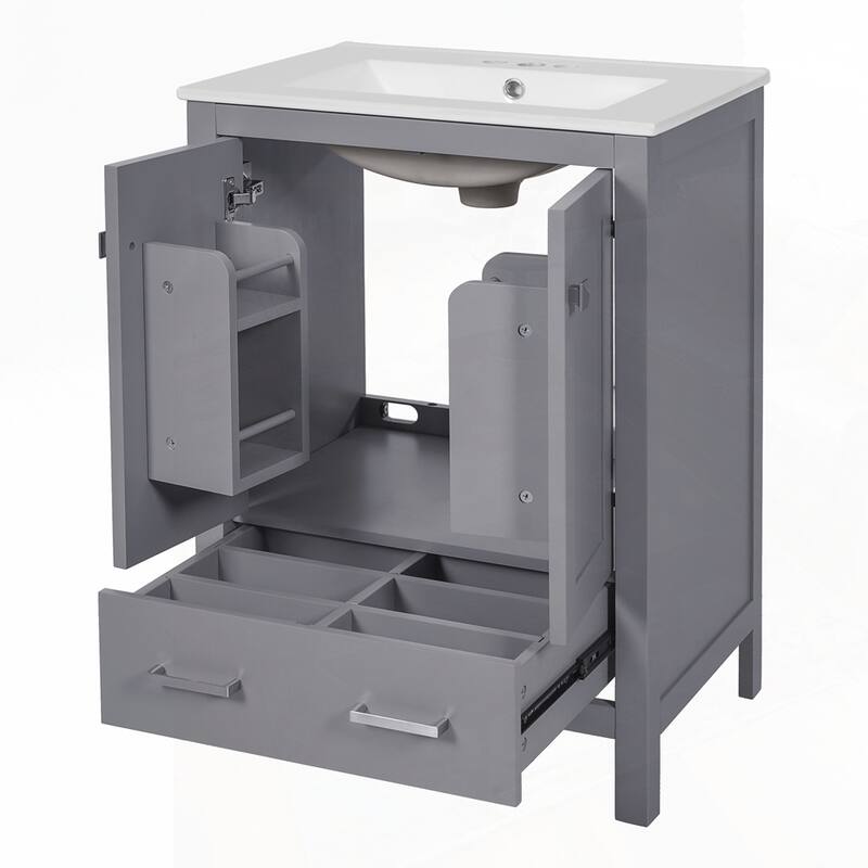 bathroom vanity with integrated undermount basin and a storage cabinet featuring 2 doors and 1 drawer