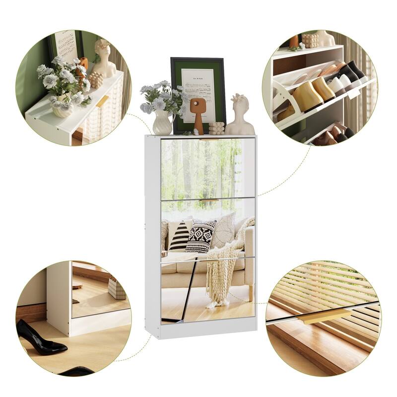 Timechee Mirrored Flip Drawer Shoe Cabinet Storage Cabinet Organizer