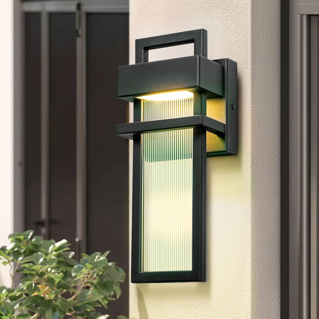 12 in. Modern Black Acrylic Outdoor Indoor Wall Light Waterproof IP54 Lantern Wall Sconce - 4.7 in. W x 12.2 in. H