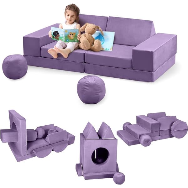 slide 2 of 28, 12-Piece Modular Kids Play Sofa: Convertible Toddler Couch and Sectional Sofa for Creative Play, Reading, and Sleeping Purple