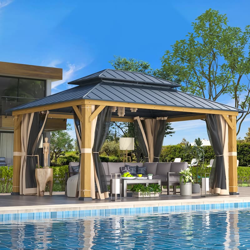 Hardtop Wood Gazebo for Patio, Outdoor Cedar/Spruce Pergola with Metal or Asphalt Roof, All-Weather Backyard Shelter