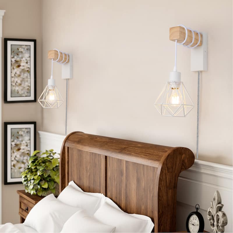 Modern Plug in Wire Wood Cage Black Wall Lamp- Industrial Rustic Retro Pendant Lamp With Adjustable Hanging Wall Lights Fixture