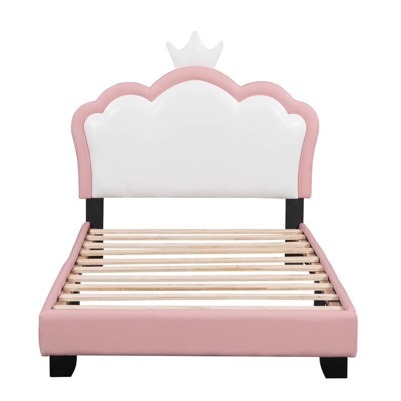 Upholstered Princess Bed With Crown Headboard, Platform Bed with Headboard and Footboard