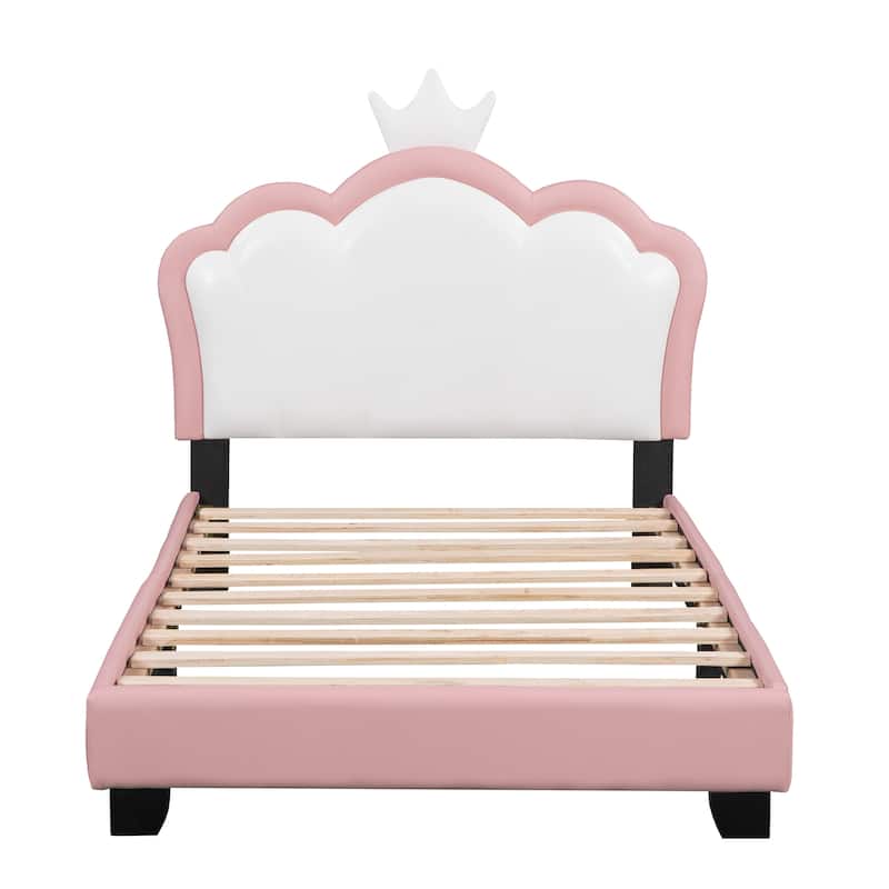 Wooden Upholstered Bed Platform Bed With Crown-Shape Headboard, Kids ...
