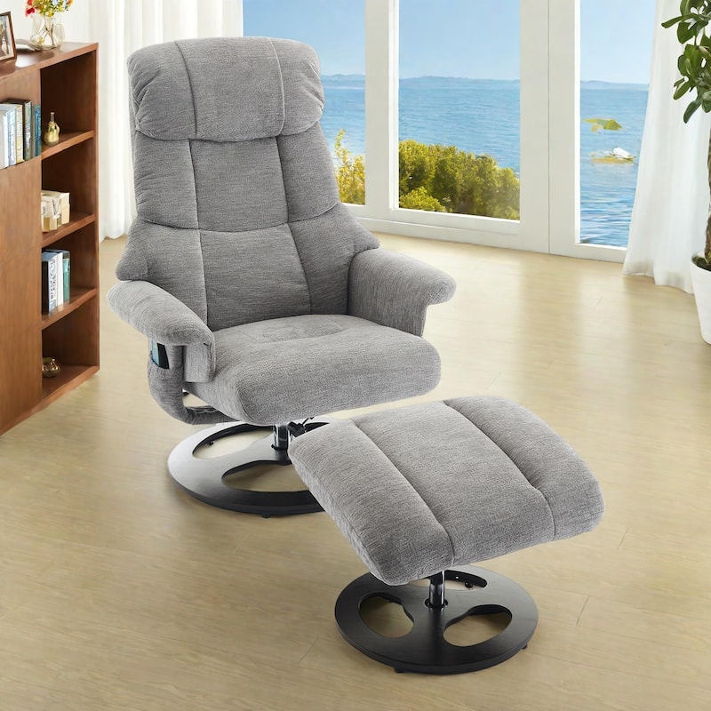 Chenille 360° Swivel Massage Recliner Chair with Ottoman, Massage and Heated Seat - Grey