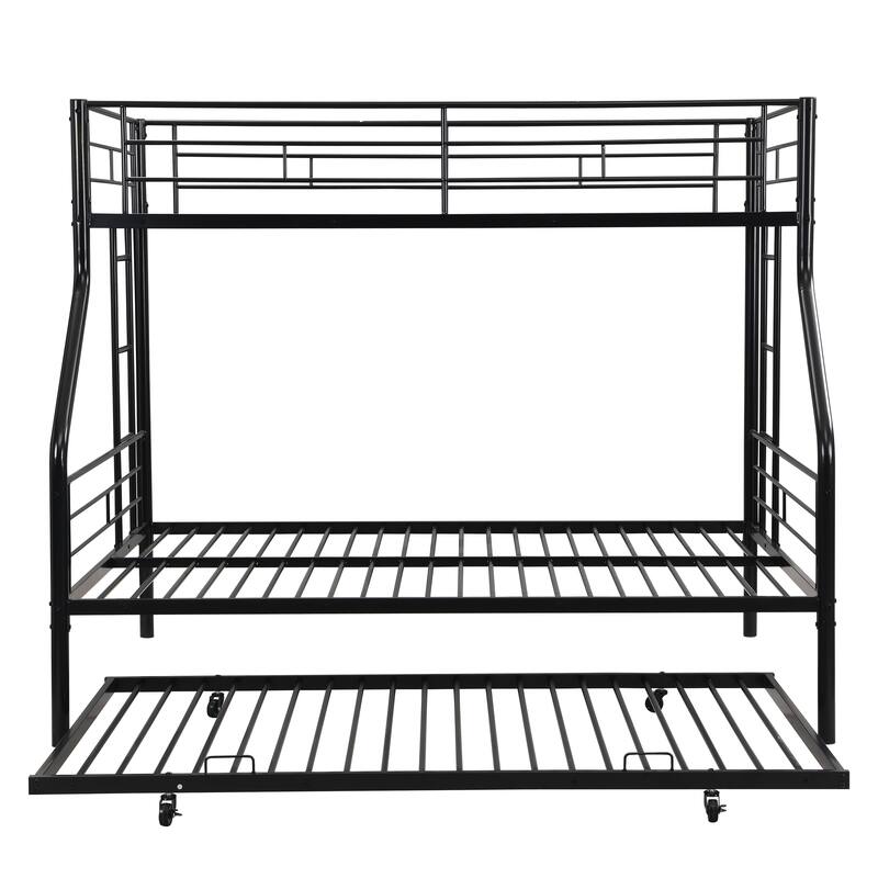 Twin Over Full Triple Bunk Beds with Trundle, Metal Bunkbeds w/Ladder & Full-Length Guardrail, Noise Free, No Box Spring Needed