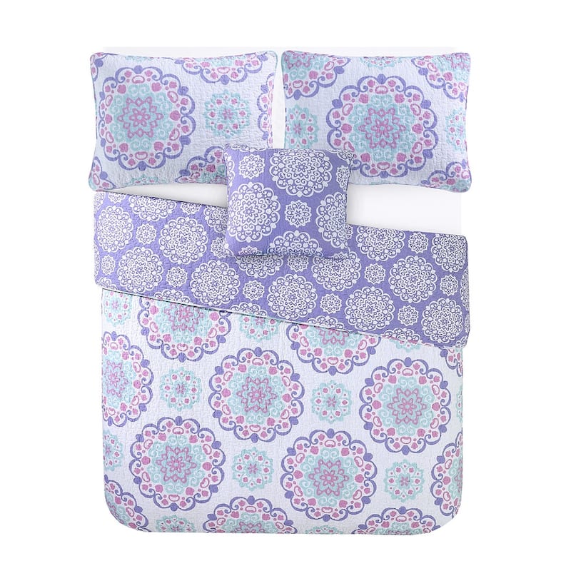 Vivian Lilac Medallion Cotton Reversible Quilt Set with Throw Pillow