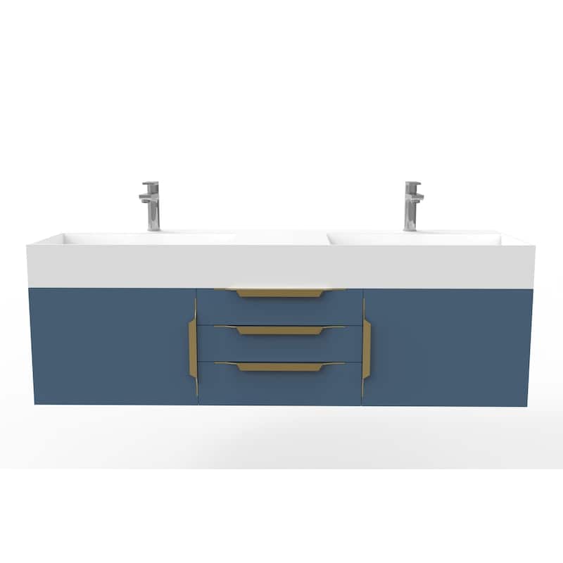 Amazon 60" Wall Mounted Bathroom Vanity Set w/ White Top - Blue - Gold Finish